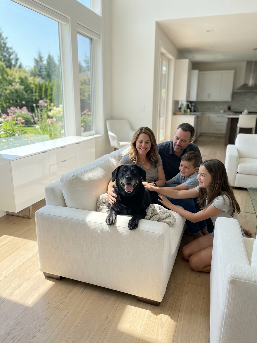 Family at home with a black dog on the sofa