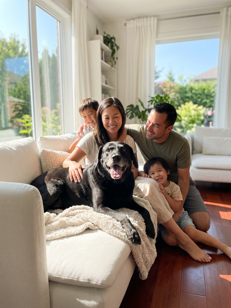Family smiling at home with a black dog